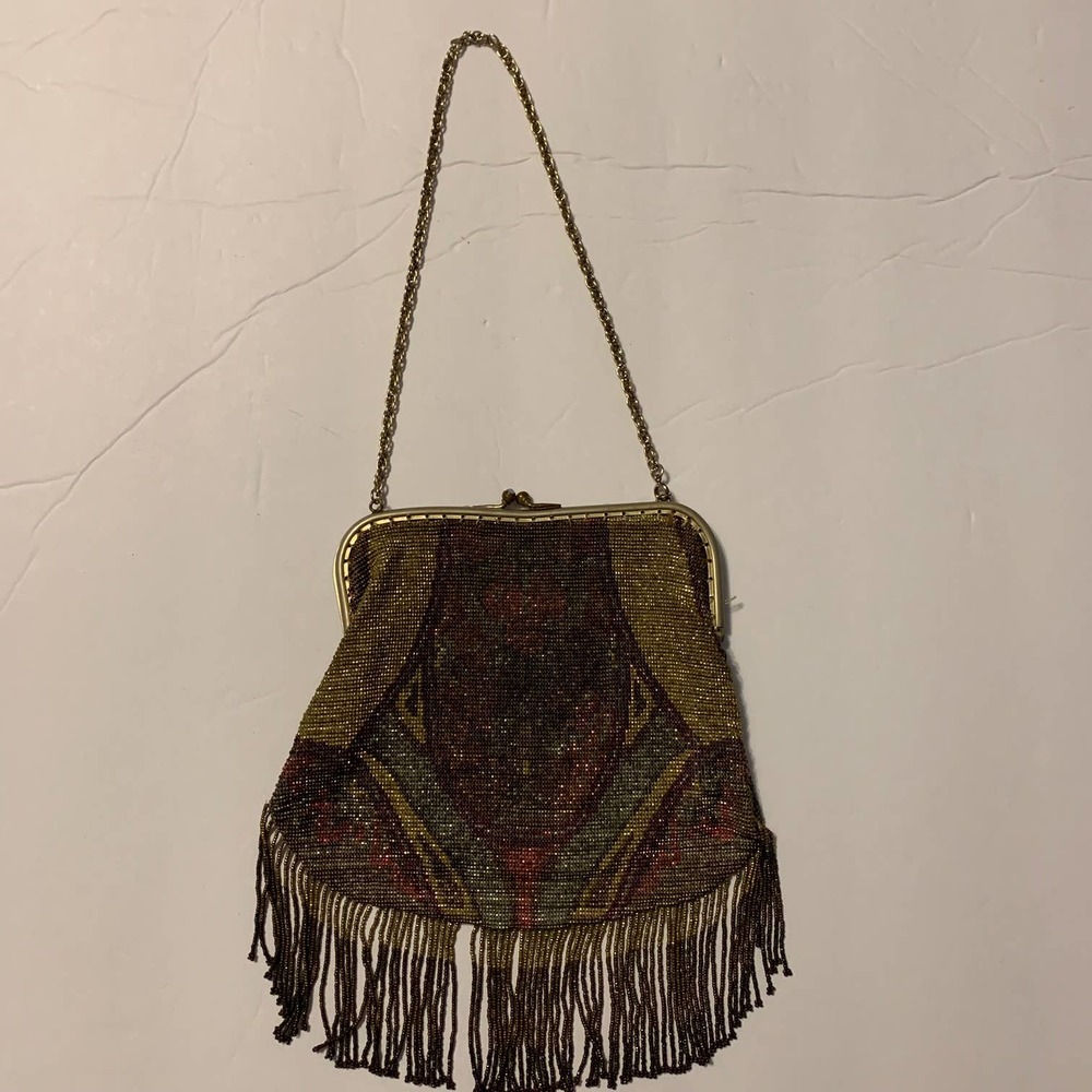 Vintage Hand Beaded Flapper Style Purse With Bead Fringe